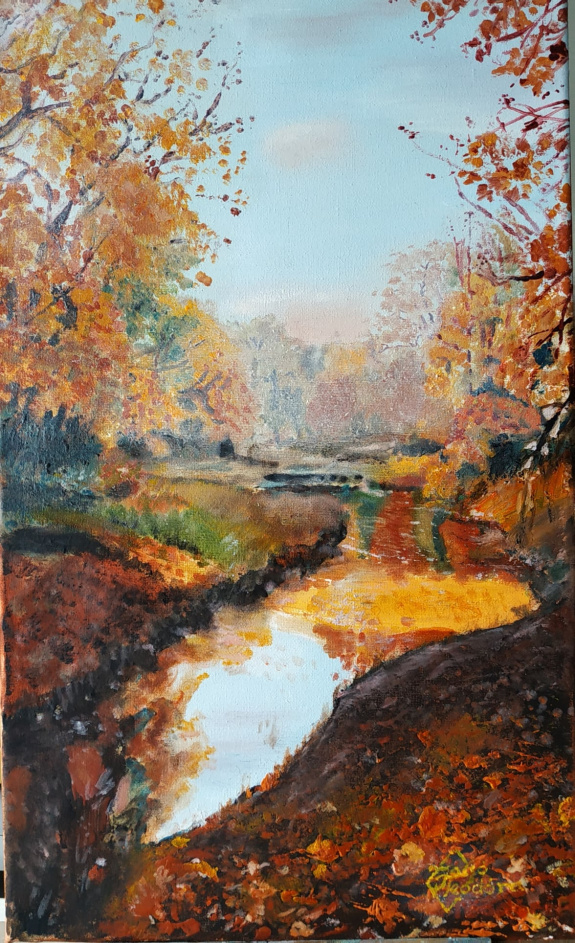 90/7. Jacsó Teodóra - Tükröződő lombok - olaj, vászon 50 x 30 cm