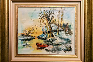 Téli táj halászkunyhóval és csónakkal - olaj-vászon